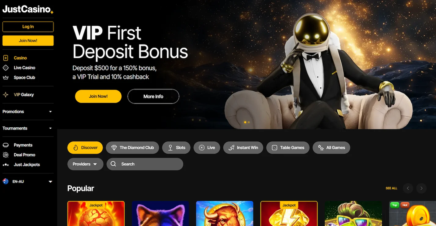 JustCasino homepage displaying deposit bonus offer, selection of popular online pokies and site main navigation